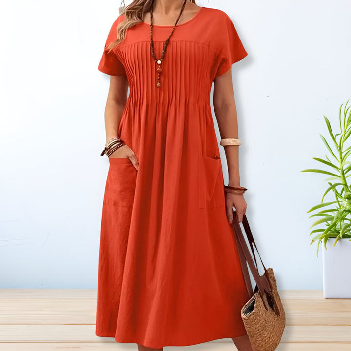 Women's Linen Blend Short Sleeve Crew Neck Midi Dress