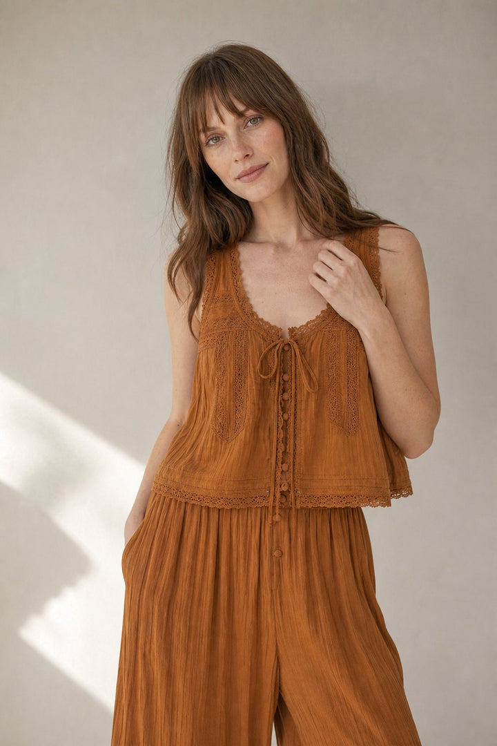 Women's Linen Lace Blouse Pants Set