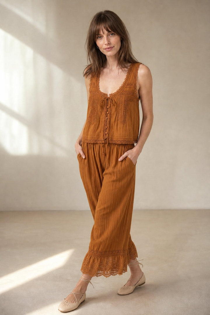 Women's Linen Lace Blouse Pants Set