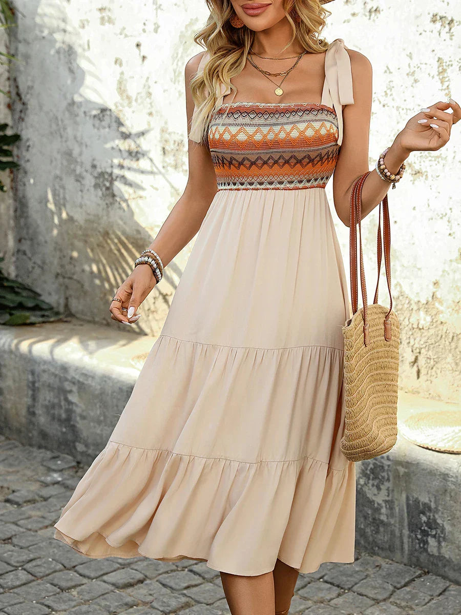 Women's Linen Blend Casual Boho Midi Dress