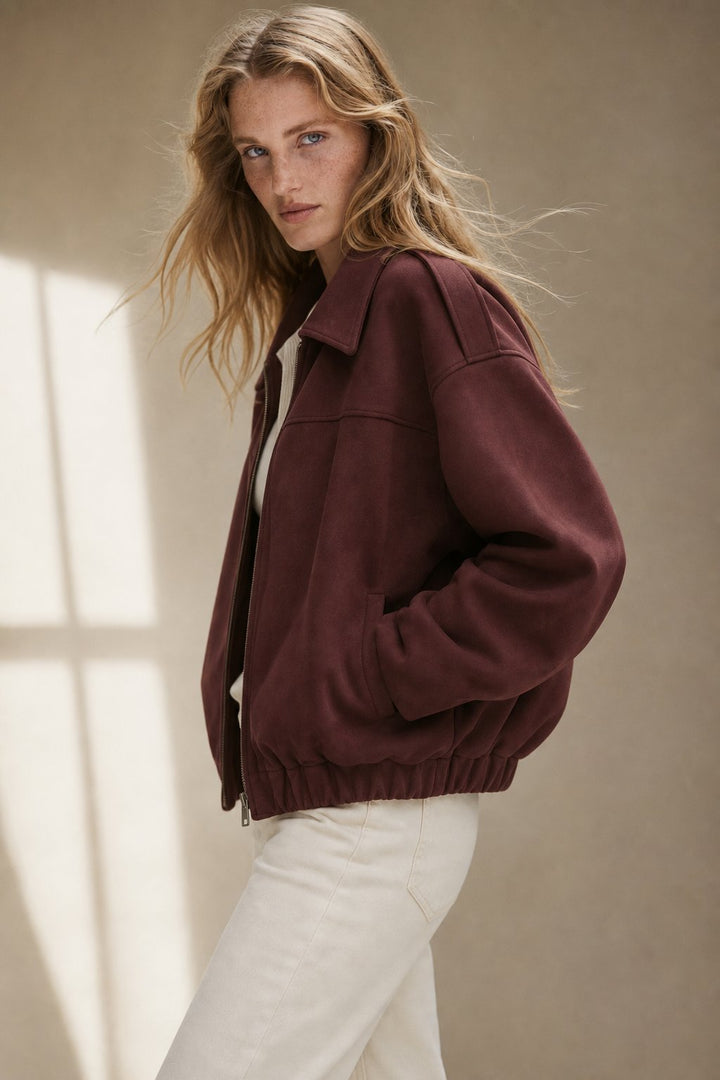 Women's Suede Bomber Jacket Casual Outerwear Coat