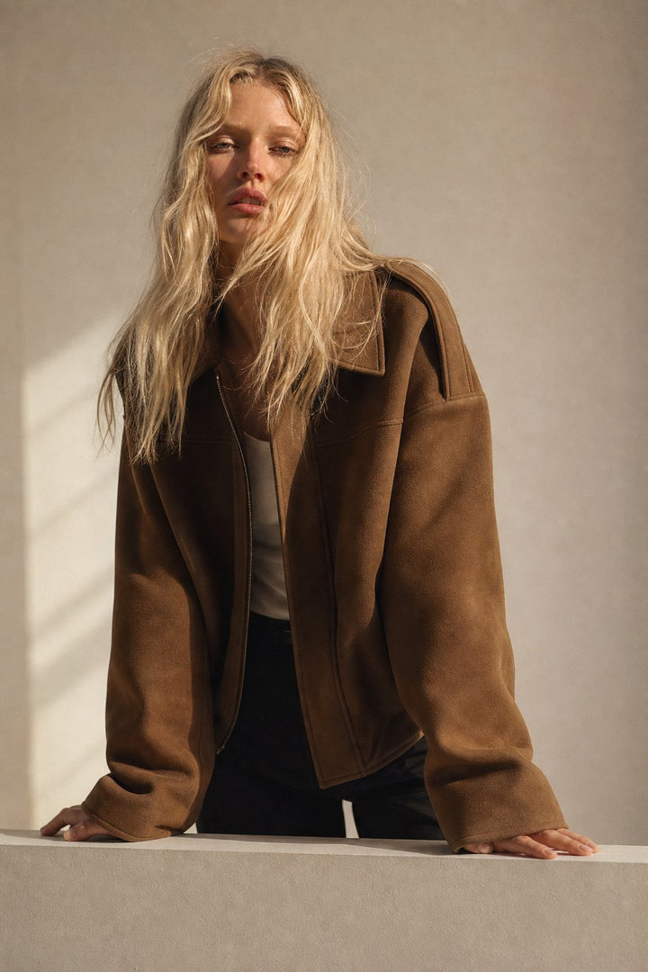 Women's Suede Bomber Jacket Casual Outerwear Coat