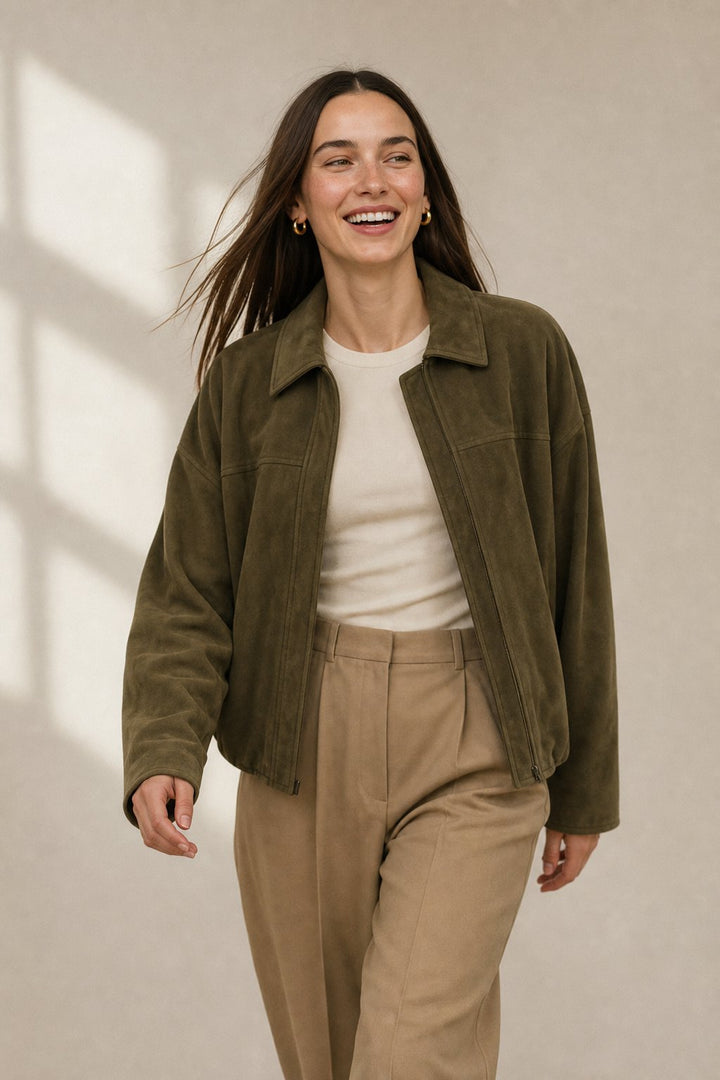 Women's Suede Bomber Jacket Casual Outerwear Coat
