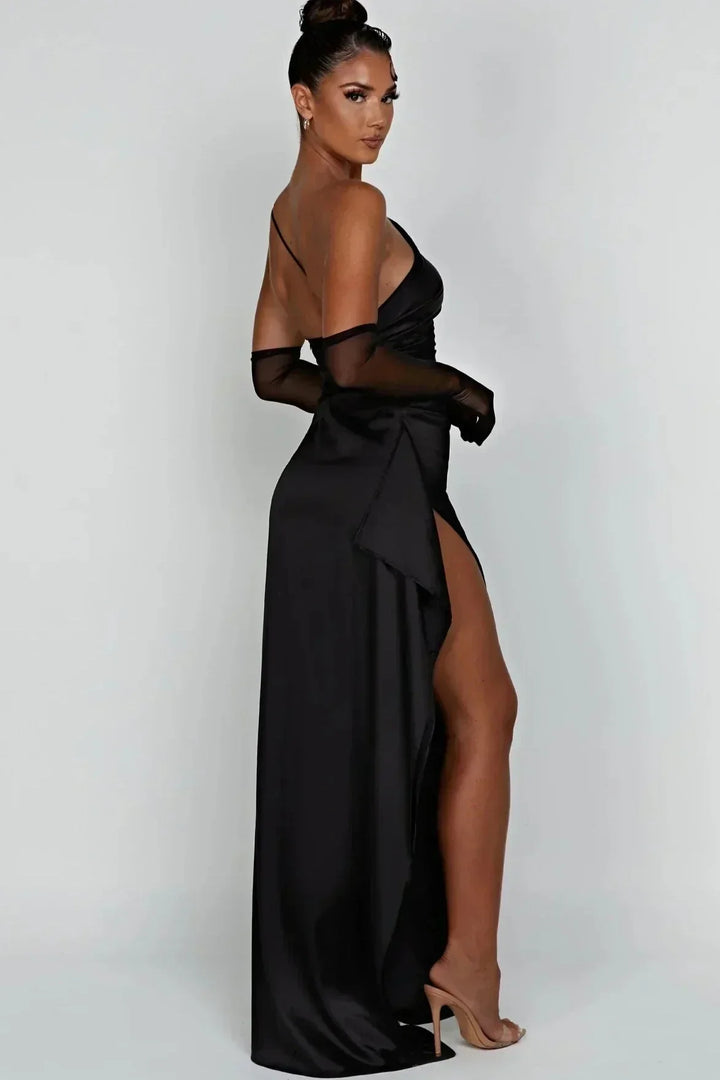 Women's Satin One Shoulder Thigh Split Maxi Dress