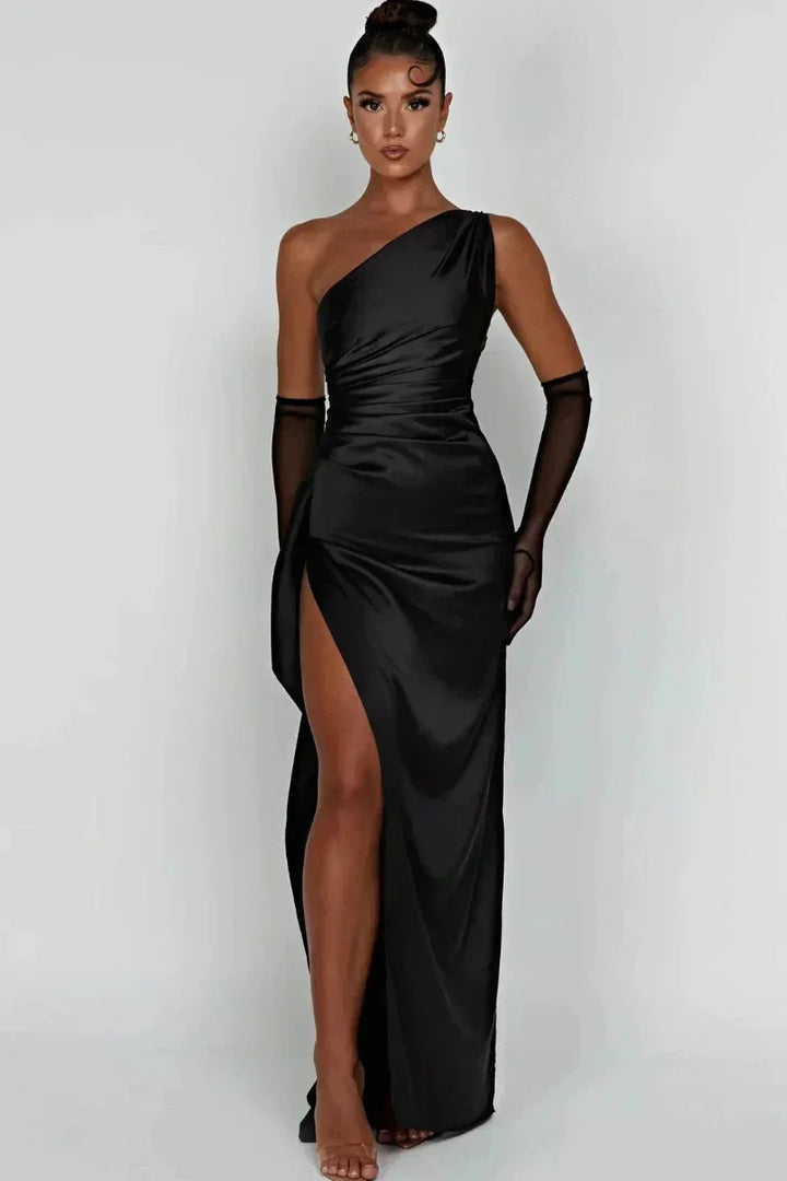 Women's Satin One Shoulder Thigh Split Maxi Dress