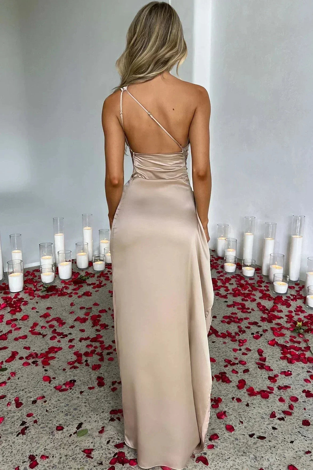 Women's Satin One Shoulder Thigh Split Maxi Dress