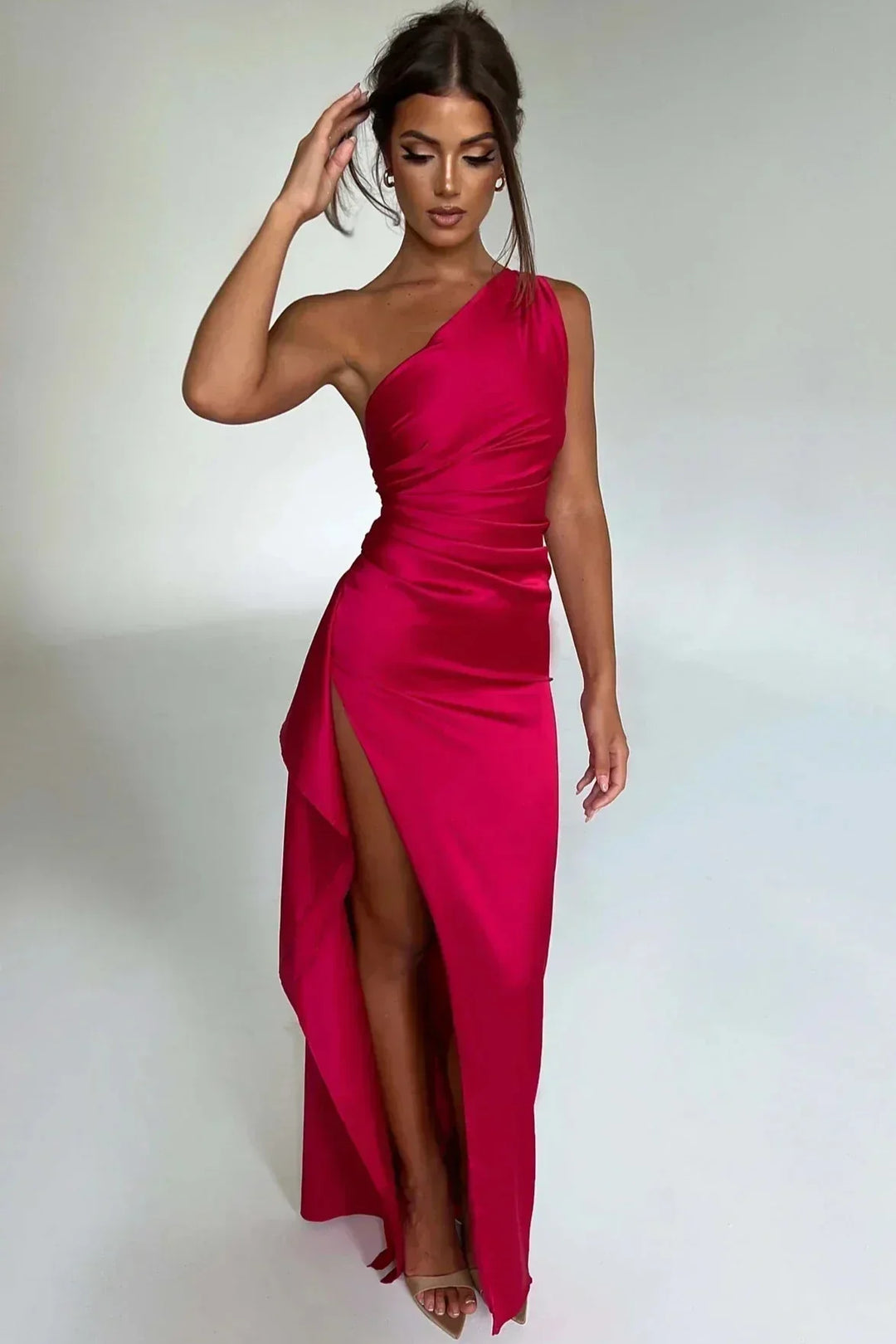 Women's Satin One Shoulder Thigh Split Maxi Dress
