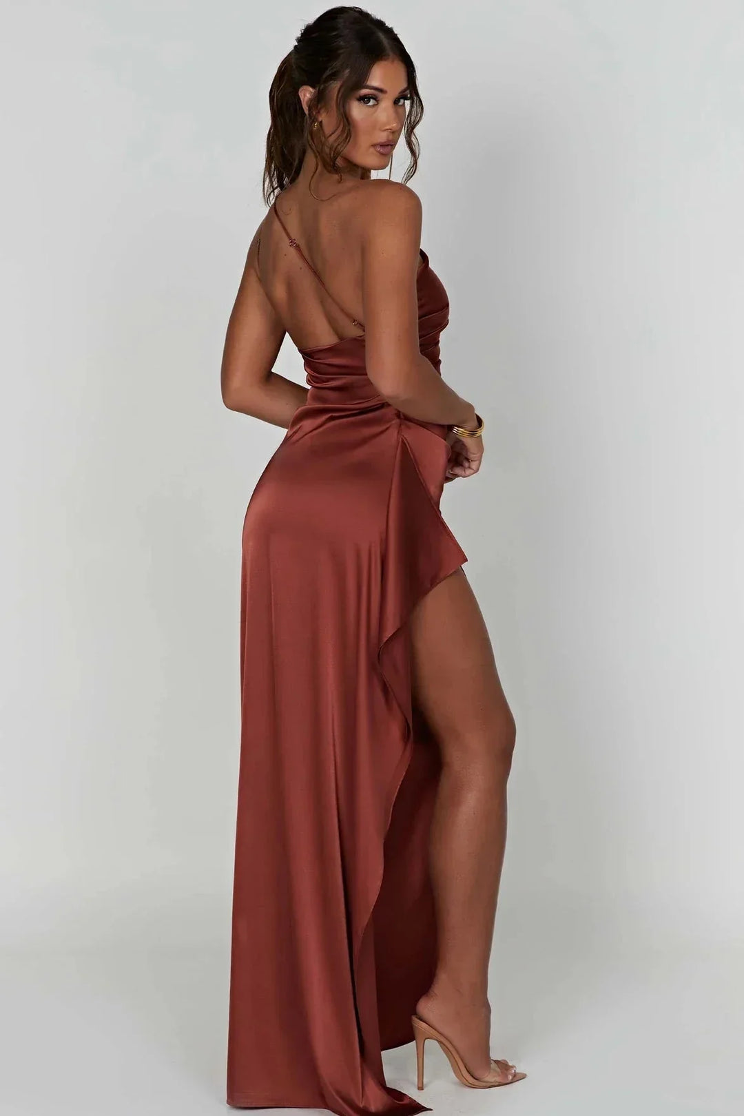 Women's Satin One Shoulder Thigh Split Maxi Dress