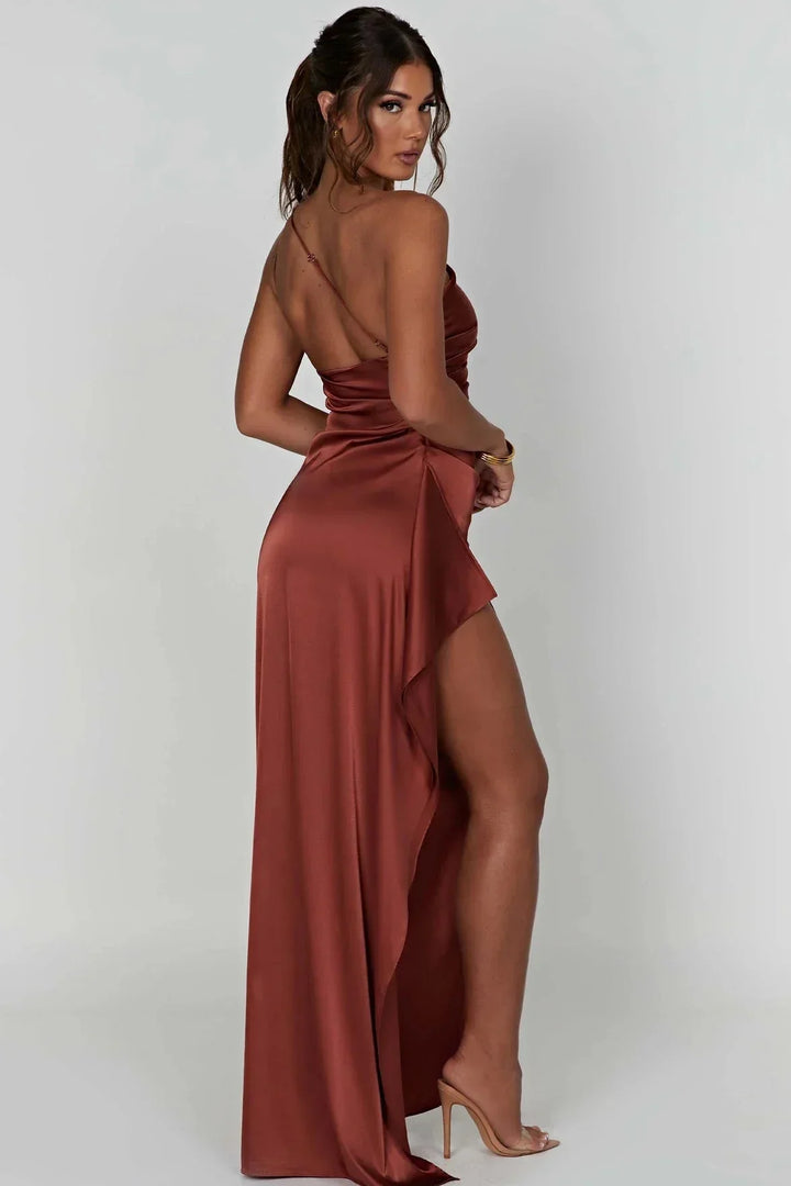 Women's Satin One Shoulder Thigh Split Maxi Dress