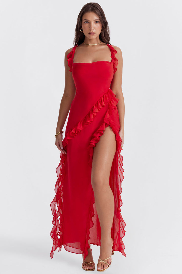 Women's Chiffon Ruffle Maxi Dress Silk Mix Evening Gown