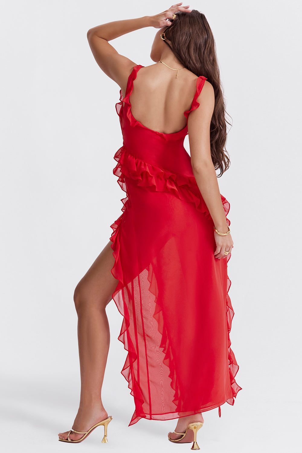 Women's Chiffon Ruffle Maxi Dress Silk Mix Evening Gown