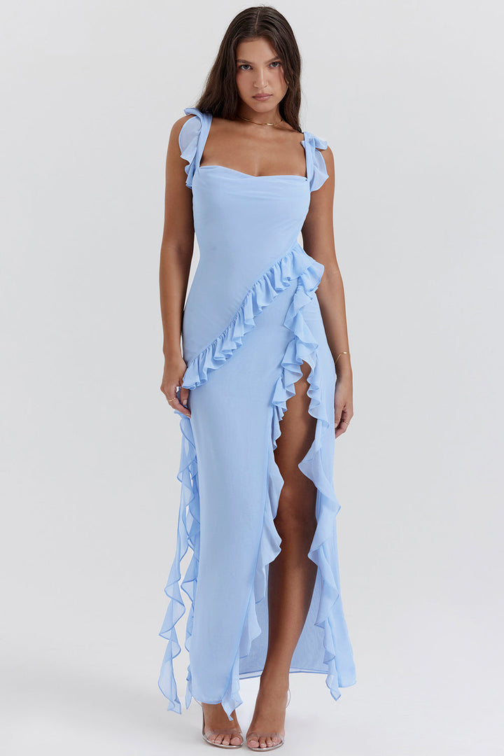 Women's Chiffon Ruffle Maxi Dress Silk Mix Evening Gown
