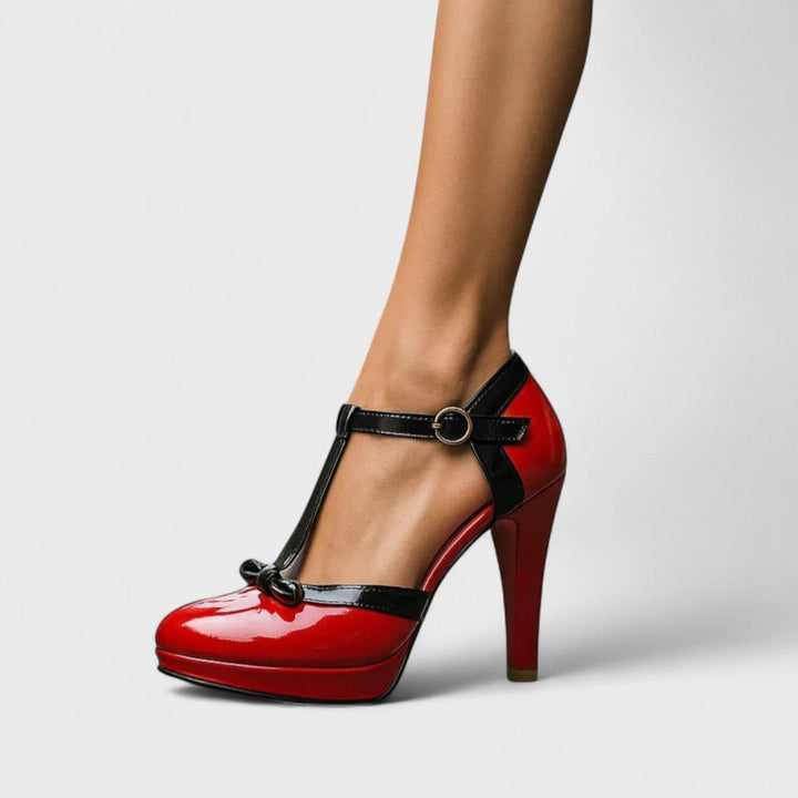 Women’s Leather T-Strap Platform Round-Toe Heels