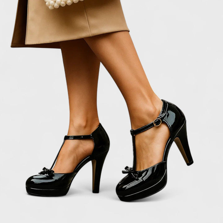 Women’s Leather T-Strap Platform Round-Toe Heels