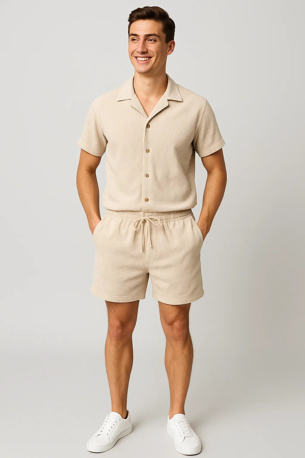 Men's Knit Button Up Shirt and Shorts Two Piece Set
