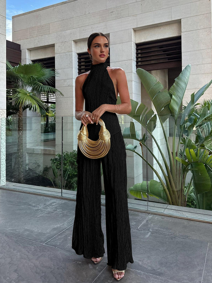 Ensemble haut plissé dos nu à col montant et pantalon large pour femme, mélange de lin