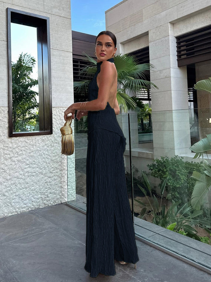 Ensemble haut plissé dos nu à col montant et pantalon large pour femme, mélange de lin