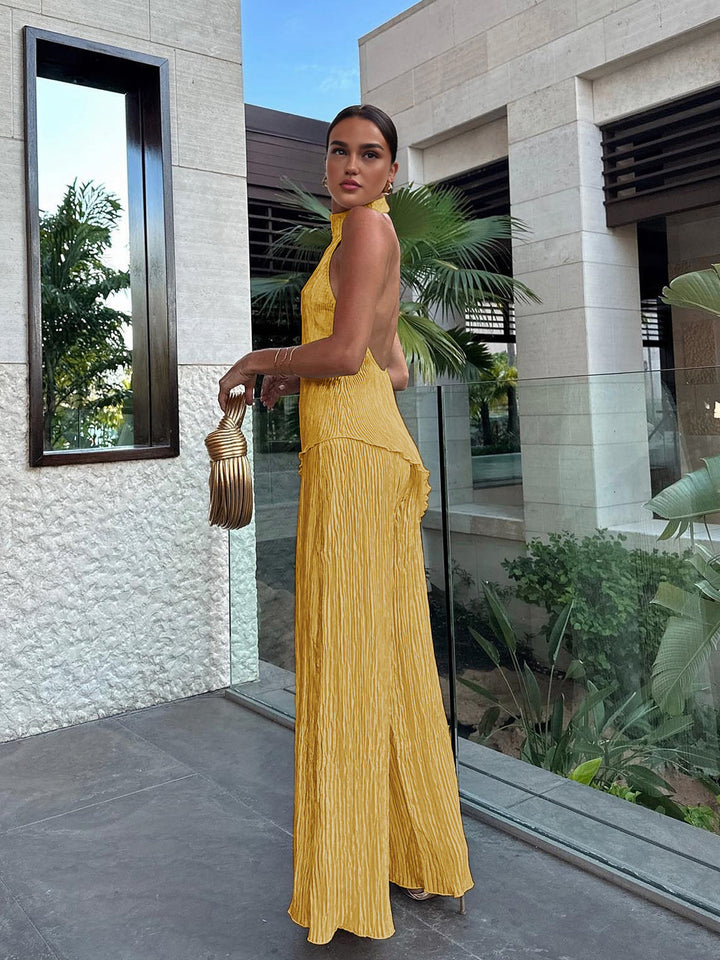 Ensemble haut plissé dos nu à col montant et pantalon large pour femme, mélange de lin