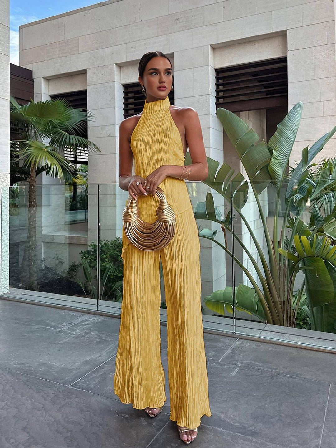 Ensemble haut plissé dos nu à col montant et pantalon large pour femme, mélange de lin