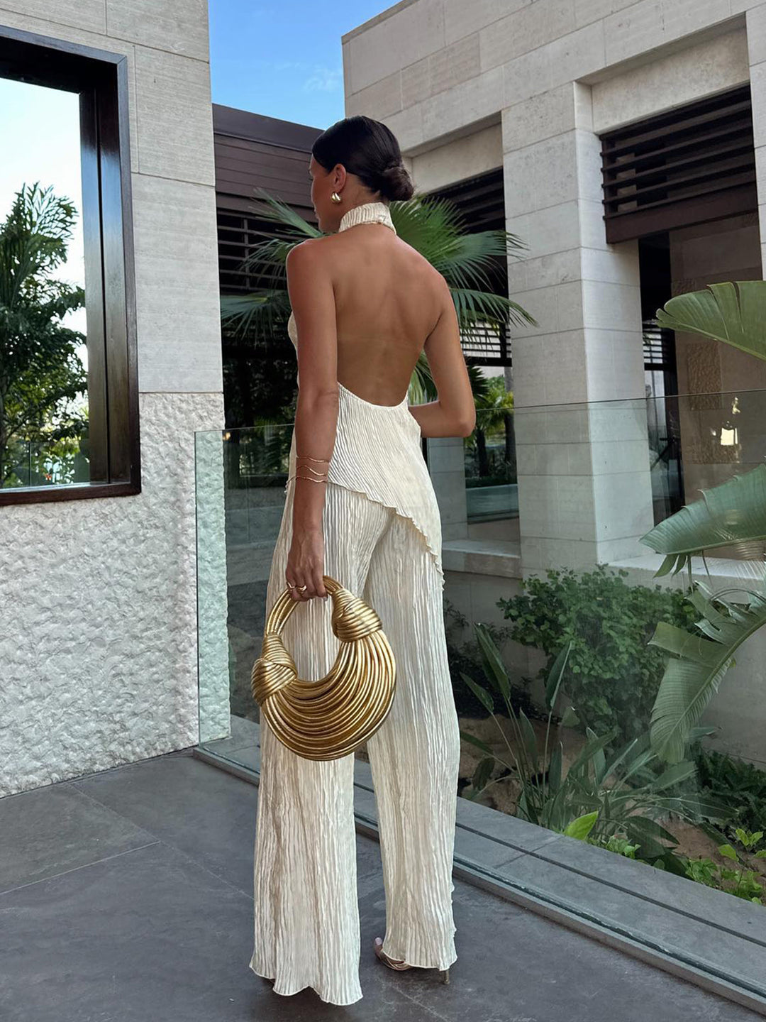 Ensemble haut plissé dos nu à col montant et pantalon large pour femme, mélange de lin