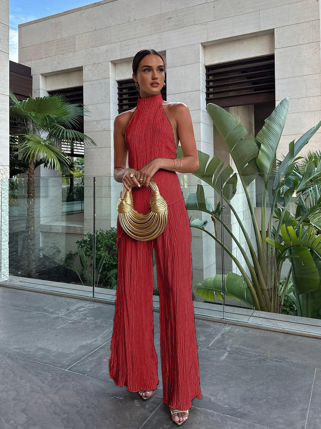 Ensemble haut plissé dos nu à col montant et pantalon large pour femme, mélange de lin