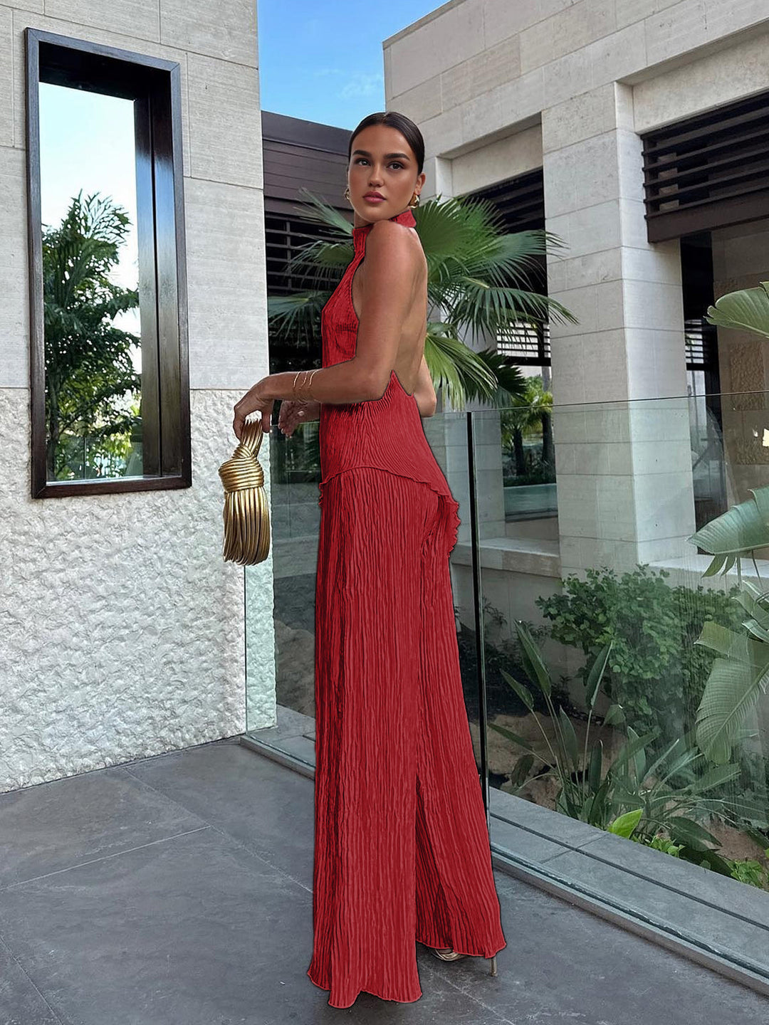 Ensemble haut plissé dos nu à col montant et pantalon large pour femme, mélange de lin