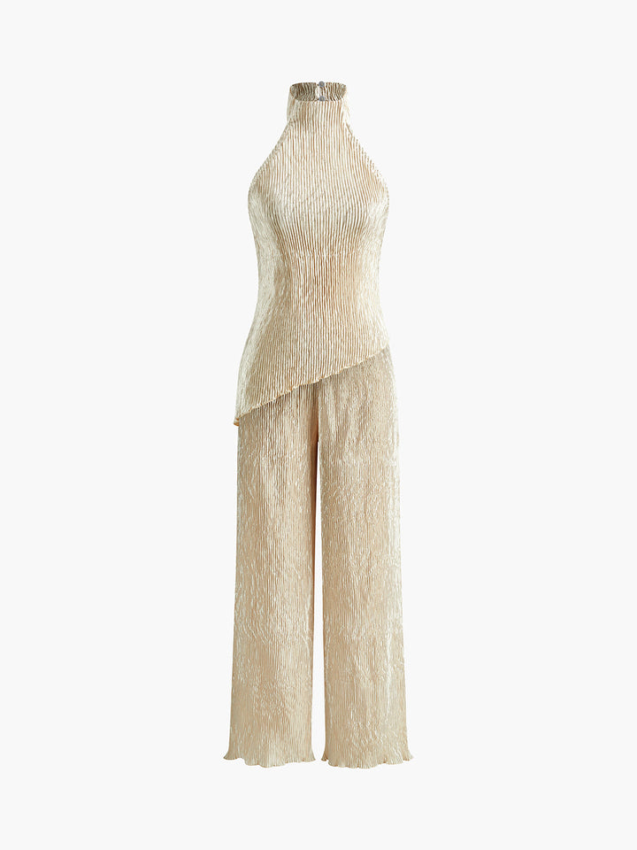 Ensemble haut plissé dos nu à col montant et pantalon large pour femme, mélange de lin
