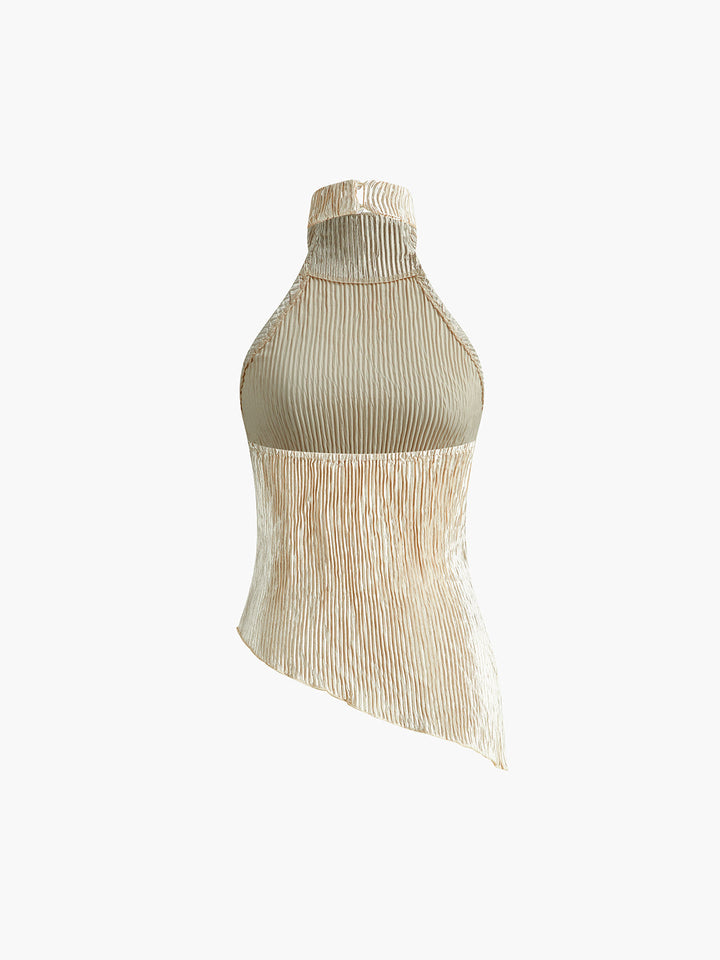Ensemble haut plissé dos nu à col montant et pantalon large pour femme, mélange de lin