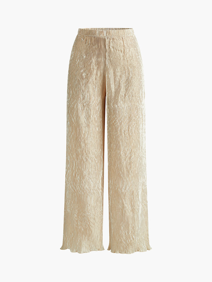 Ensemble haut plissé dos nu à col montant et pantalon large pour femme, mélange de lin