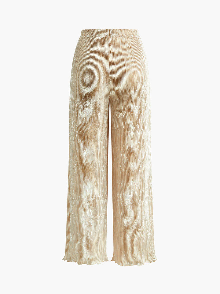 Ensemble haut plissé dos nu à col montant et pantalon large pour femme, mélange de lin