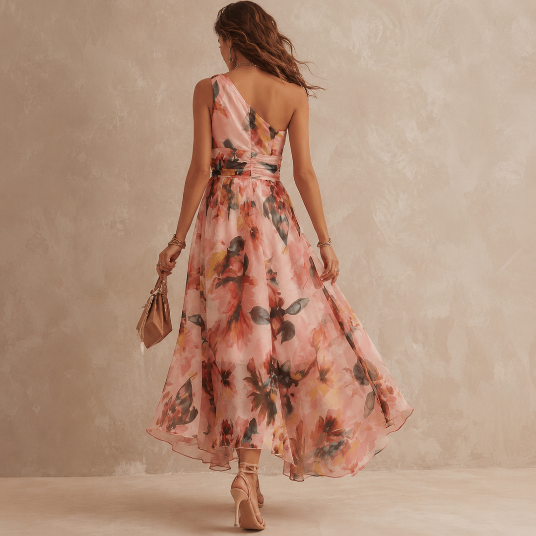 Women's Chiffon Floral One Shoulder Flowy Evening Maxi Dress