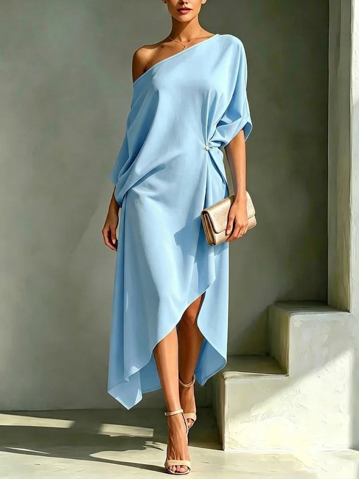Women's Satin Asymmetric Off Shoulder Draped Party Midi Dress