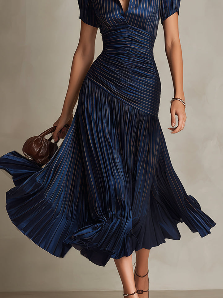 Women's Satin V-Neck Pleated Midi Dress