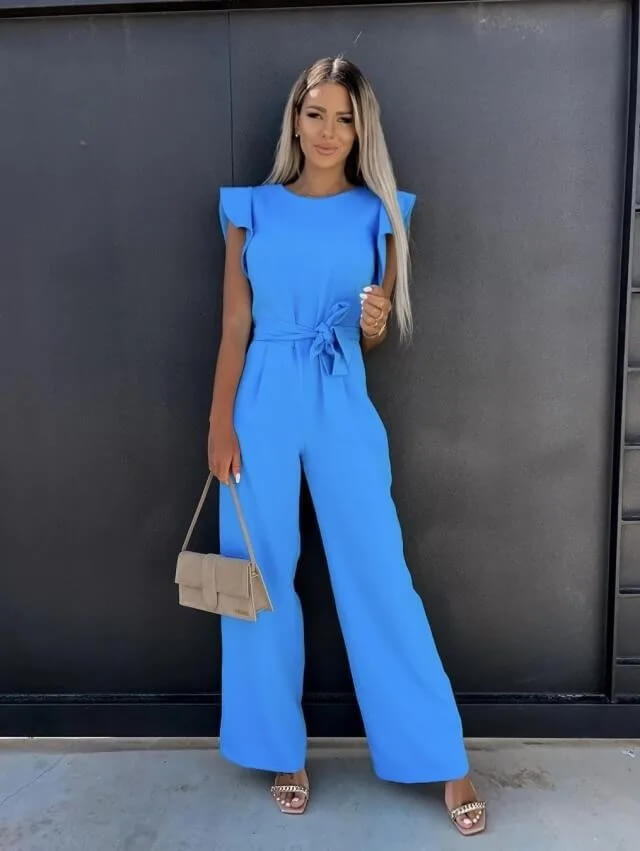Women's Linen Ruffle Sleeve Belted Jumpsuit Wide Leg