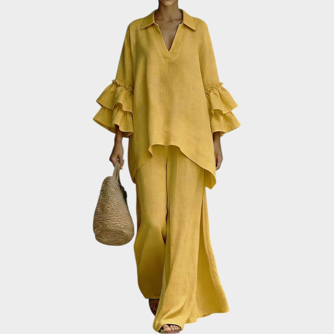 Women's Linen Ruffle 2 Piece Set Wide Leg Pants Coord