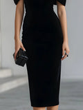 Women's Velvet Off-Shoulder Bow Midi Formal Evening Dress