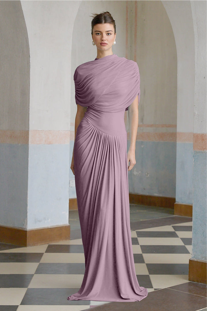 Women’s Satin Draped Mock-Neck Asymmetric Ruched Maxi Dress