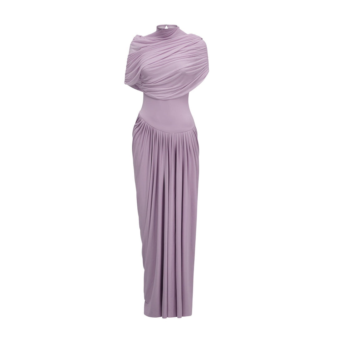 Women’s Satin Draped Mock-Neck Asymmetric Ruched Maxi Dress
