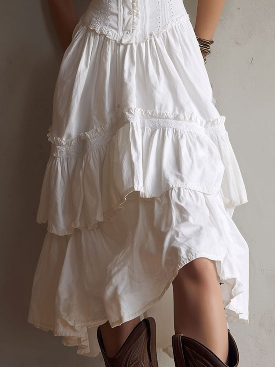 Women's Linen Corset-Style Tiered Midi Dress