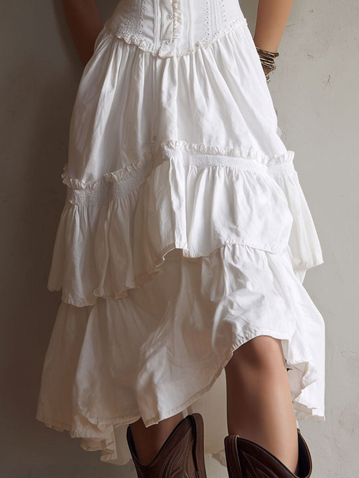 Women's Linen Corset-Style Tiered Midi Dress