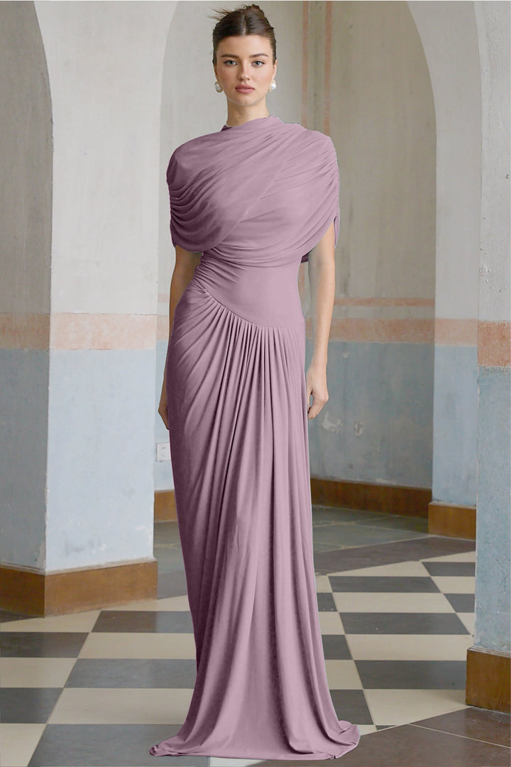 Women’s Satin Draped Mock-Neck Asymmetric Ruched Maxi Dress