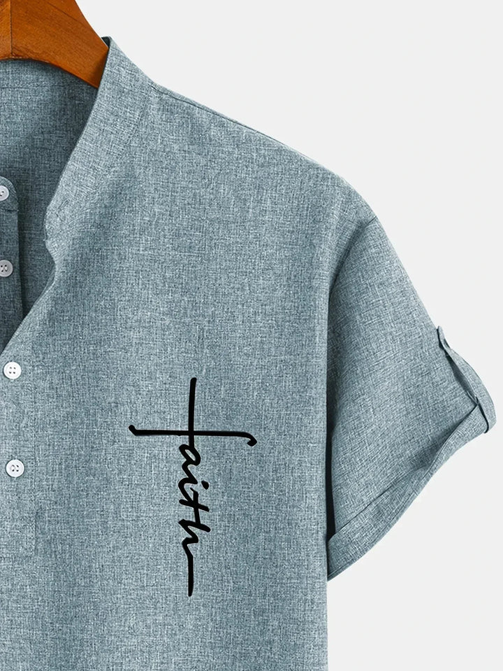 Men Henley Linen Shirt Casual Short Sleeve Cross Graphic Tee