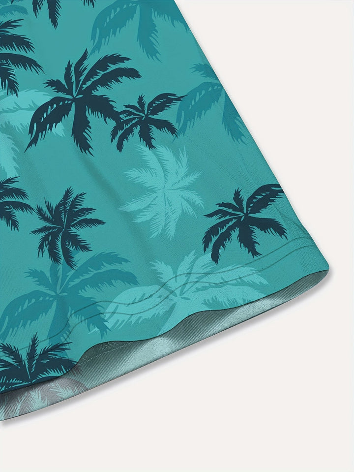 Men's Linen Palm Print Short Sleeve Hawaiian Button Down Shirt