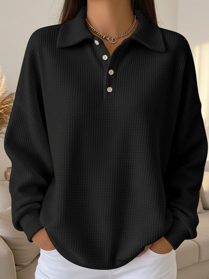 Women Long Sleeve Waffle Knit Polo Shirt