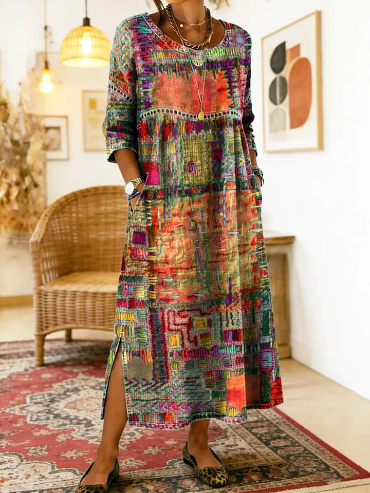 Women's Linen Blend Geometric Print Round Neck Long-Sleeve Midi Dress