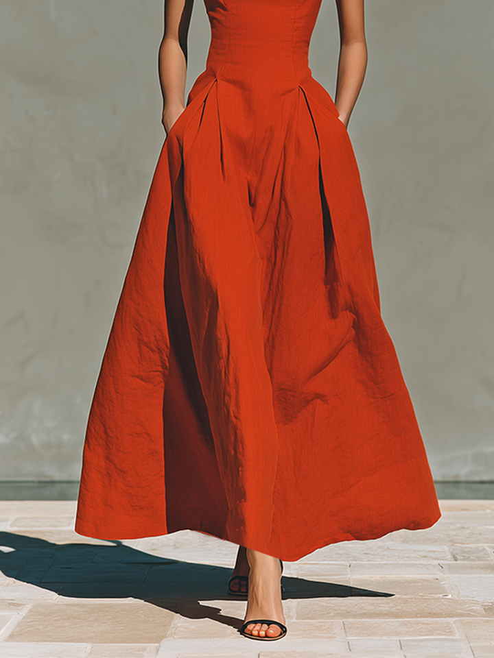 Women's Linen Blend Halter Neck Sleeveless Pleated A-Line Maxi Dress