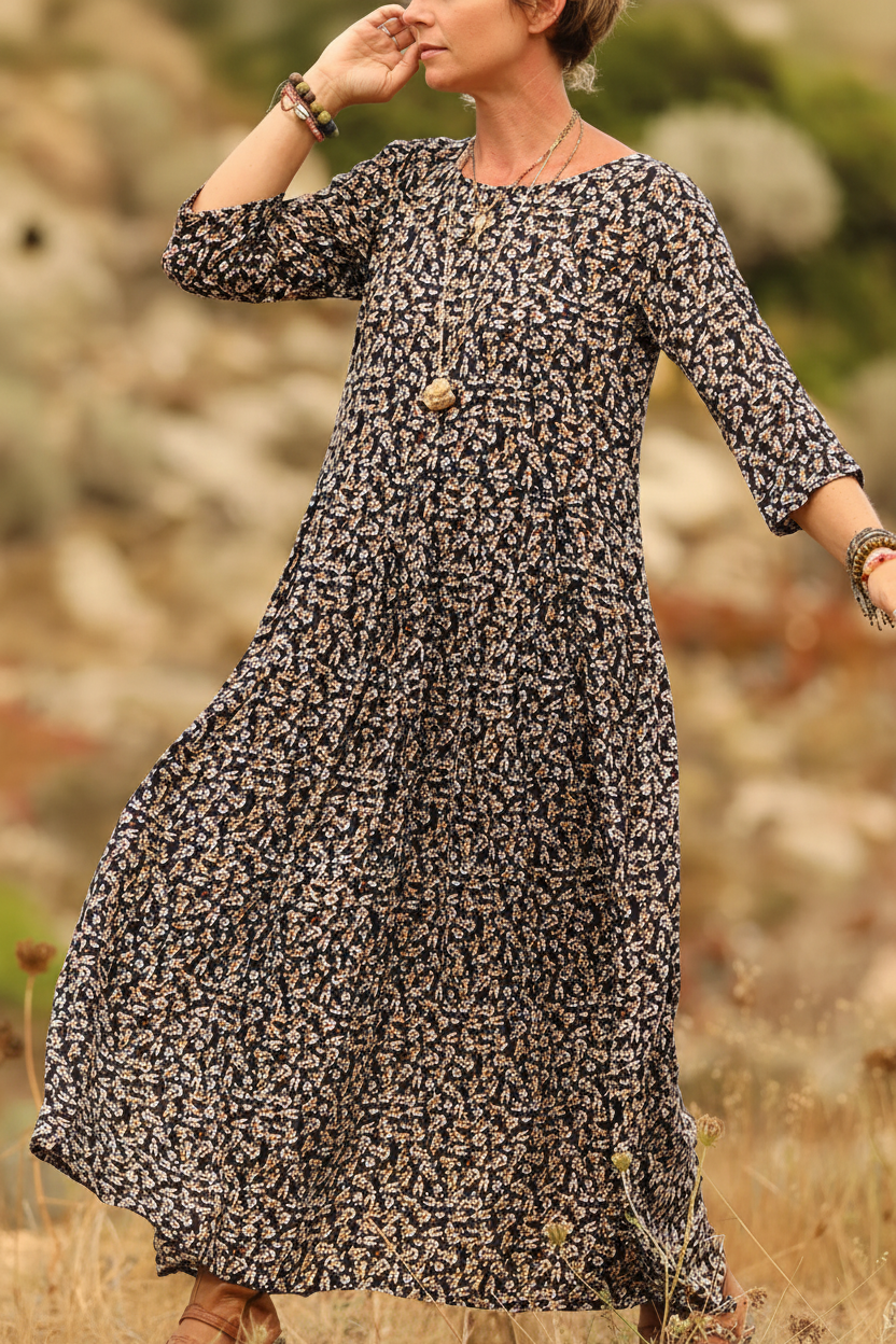 Women's Linen Pleated Long-Sleeve Maxi Dress