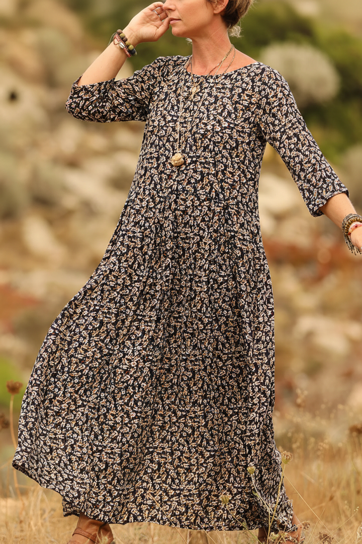 Women's Linen Pleated Long-Sleeve Maxi Dress