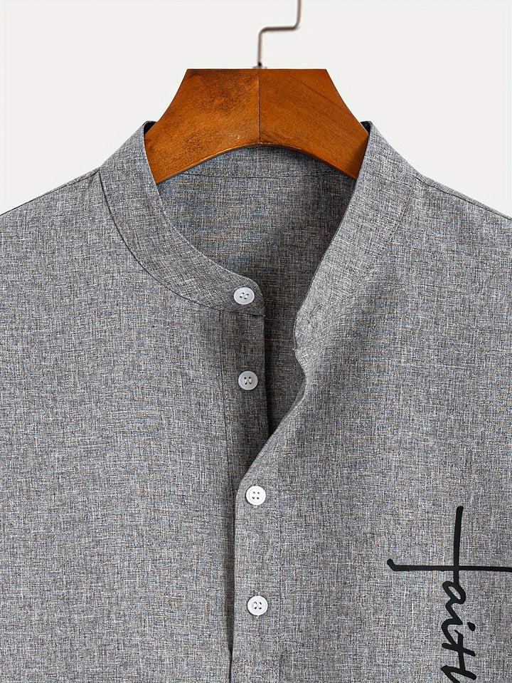 Men Henley Linen Shirt Casual Short Sleeve Cross Graphic Tee
