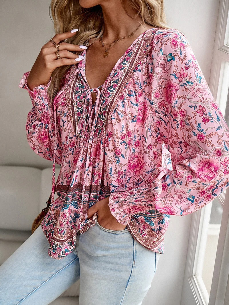 Women's Boho Floral Chiffon Long Sleeve Peasant Blouse Top